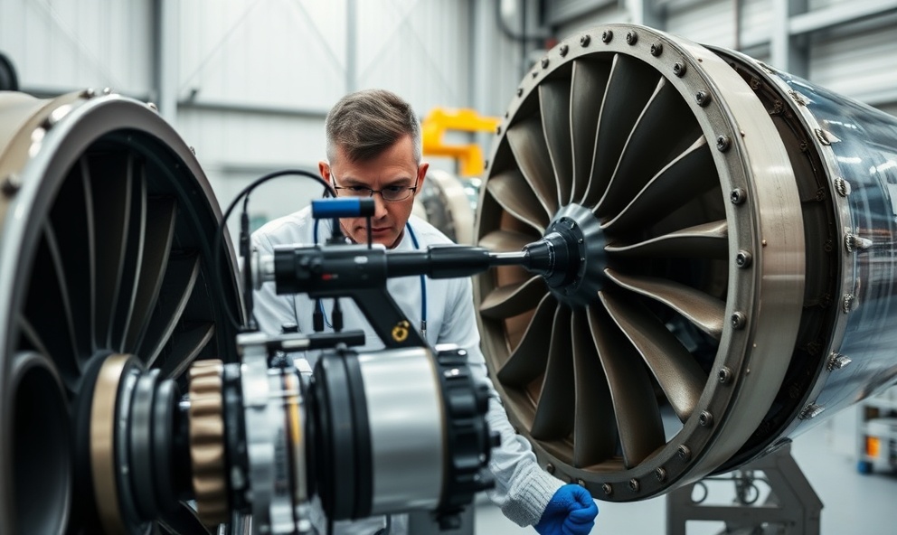Technician inspecting jet engine turbine in workshop